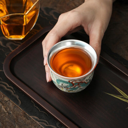 12 Tea Cups Ceramic + Silver Master Cup Zodiac Signs Print 150ml Chinese Tea Cup