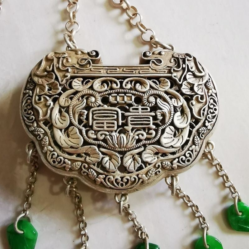 Vintage Hollow Silver Lock Pendant Wealth Pattern Double Sided Antique Jewelry