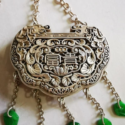 Vintage Hollow Silver Lock Pendant Wealth Pattern Double Sided Antique Jewelry