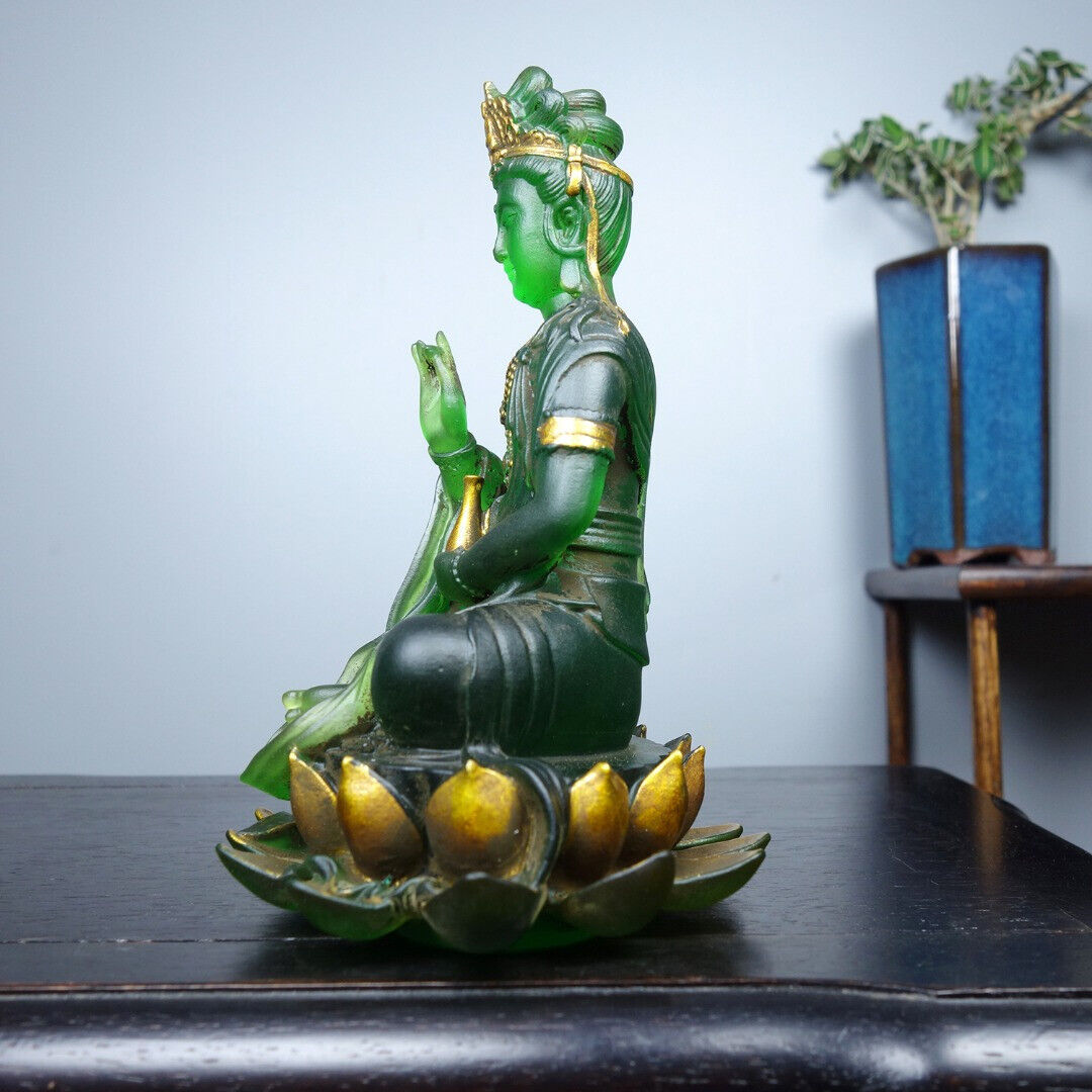 Collect China old coloured glaze gilt Hand made pure bottle lotus Guanyin statue