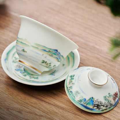 Chinese 180ml Jingdezhen Landscape Ceramic Gaiwan Cup Hand-painted Tea Tureen