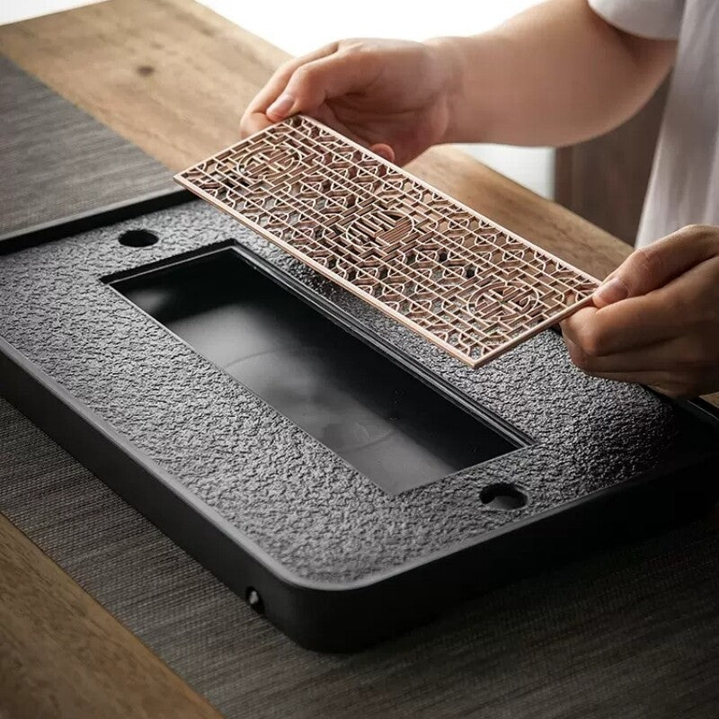 Man-made Stone Tea Tray Water Reservoir Draining Function Plastic Layer Copper