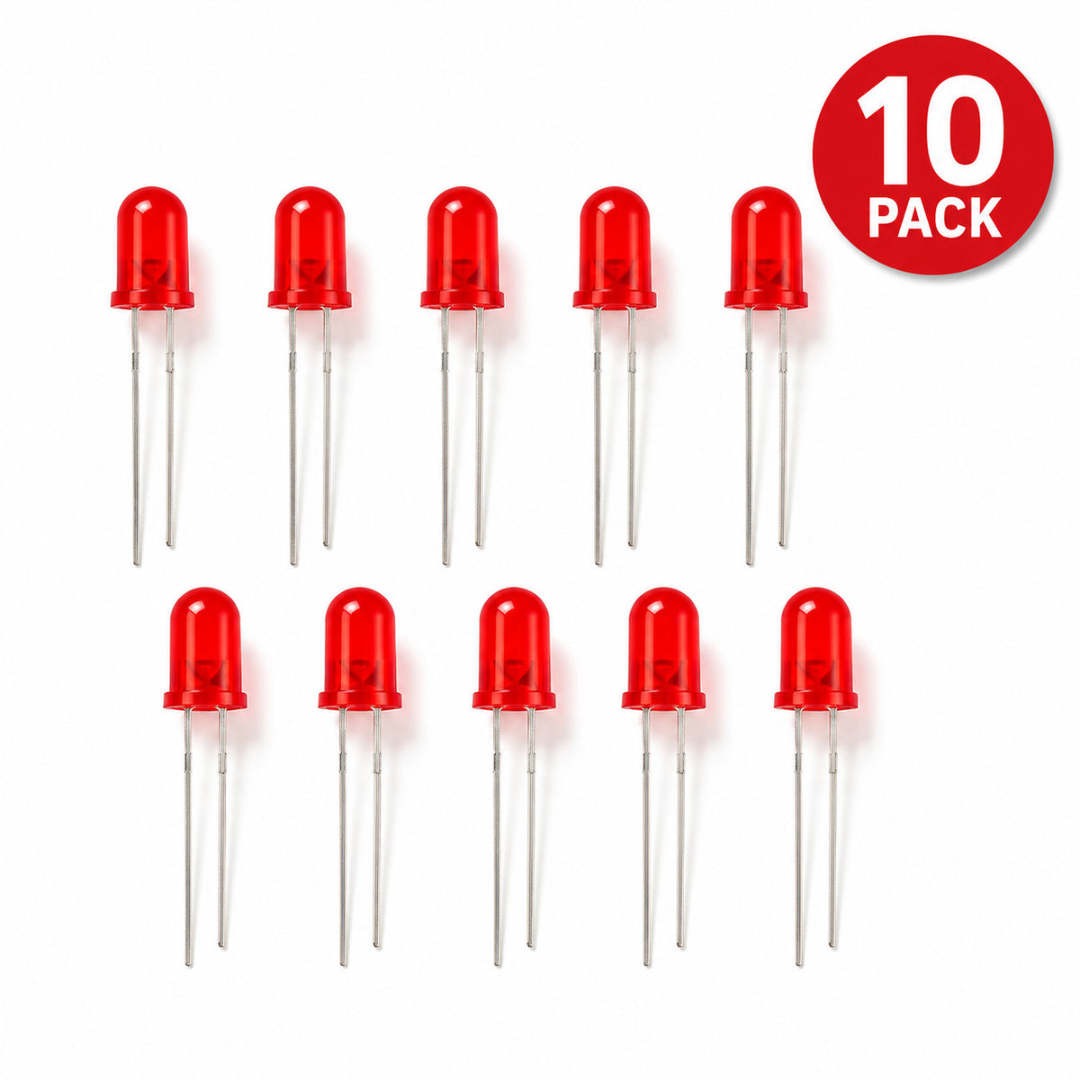 10 Pack Diffused Lens LEDs - Standard - Bright Red - 5mm