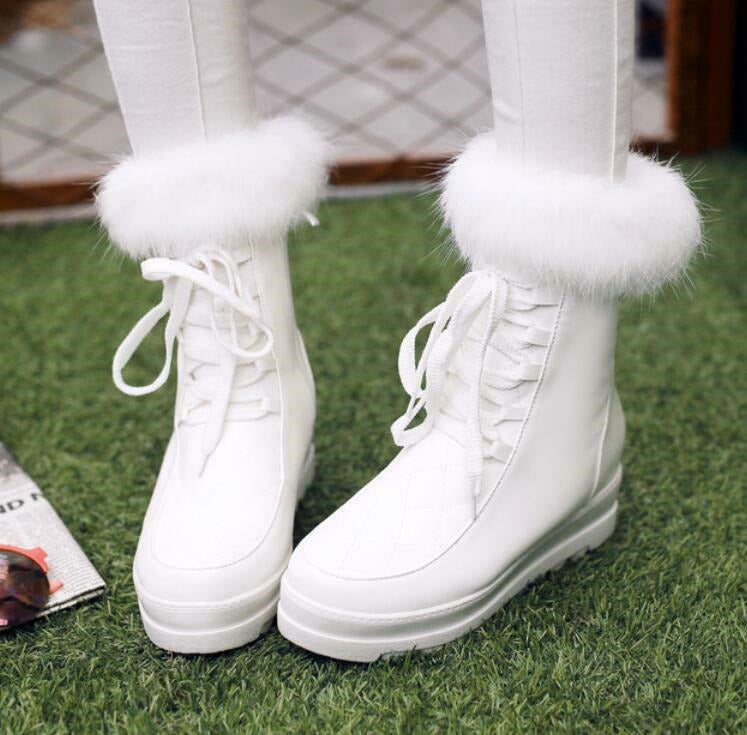 Winter Womens Warm Fur Lace Up High Wedge Inside Platform Ankle Snow Boots Shoes
