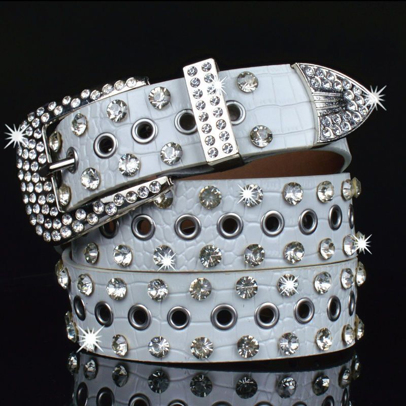Women Leather Belt Rhinestone Fashion Men Casual Bling Jeans Waistband 110x3.3cm