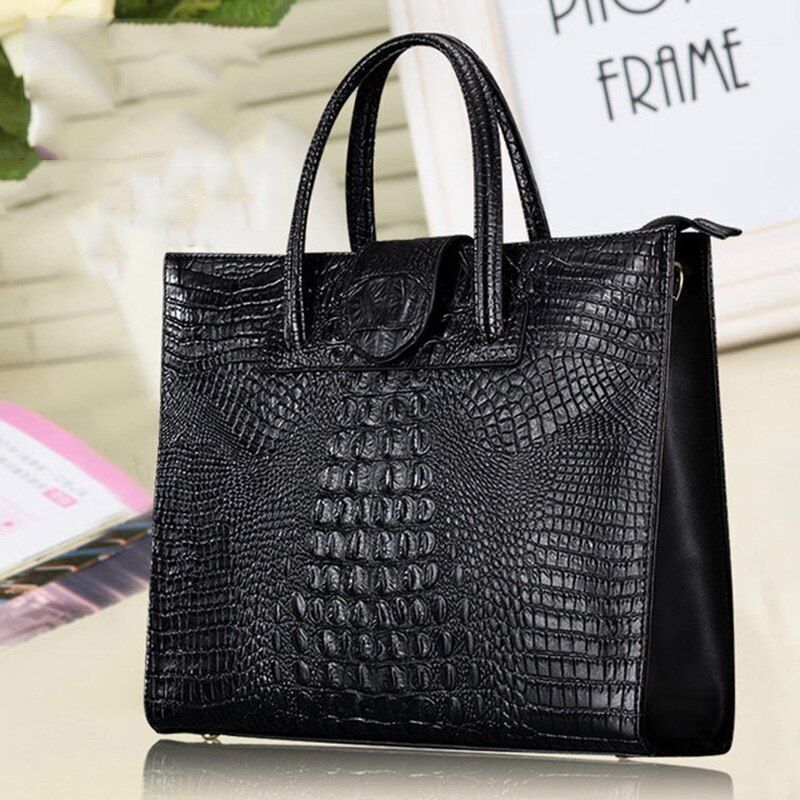 Briefcase Genuine Leather Handbag Big Totes Large Shoulder Bag Crocodile Pattern