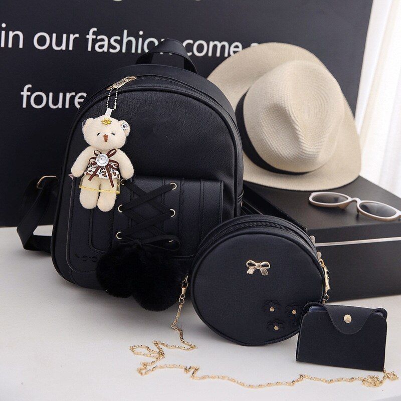 Leather Three Piece Backpack Sets Women Fashion Leather Backpack Card Holder 1PC