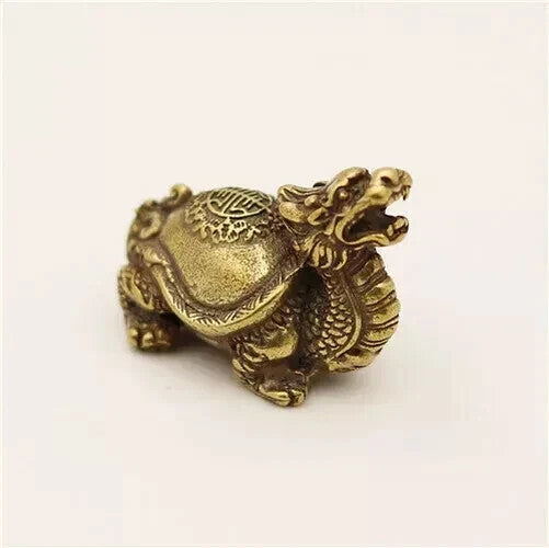 Chinese Copper Brass Dragon Turtle Small Fengshui Statue Tea Pet Lucky Ornament