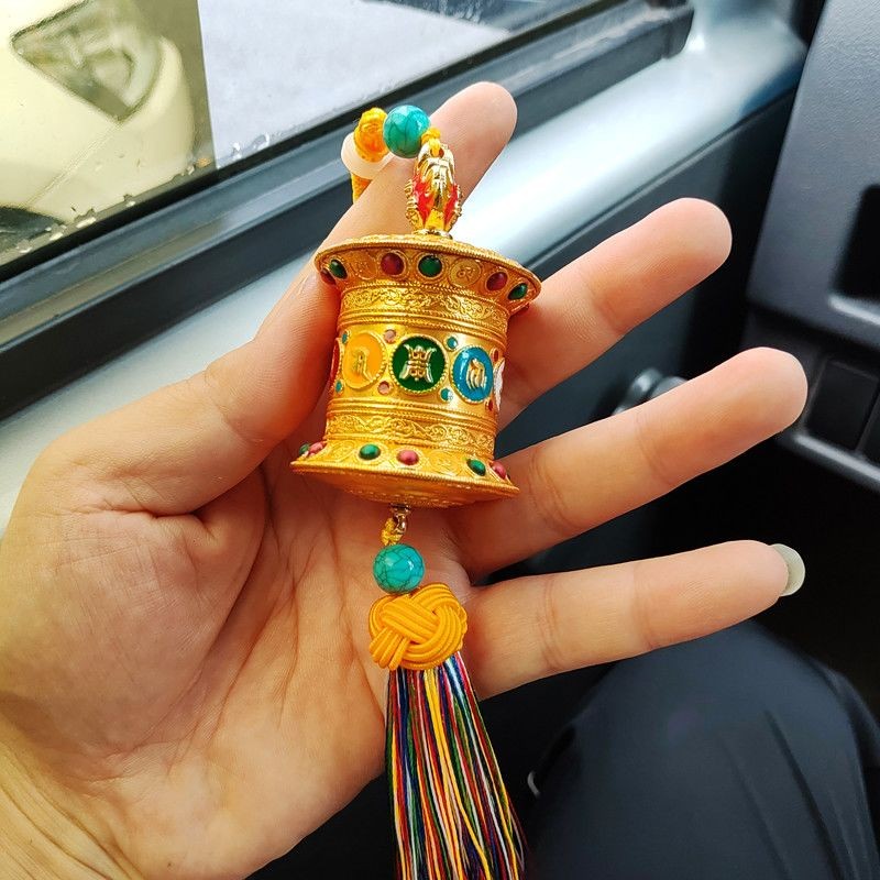 Tibetan Prayer Wheel Pendant Mani Mantra Spinning Ornament Car Decor