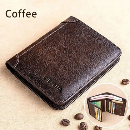 Genuine Leather Rfid Protection Wallets Vintage Thin Short Card Holder Money Bag
