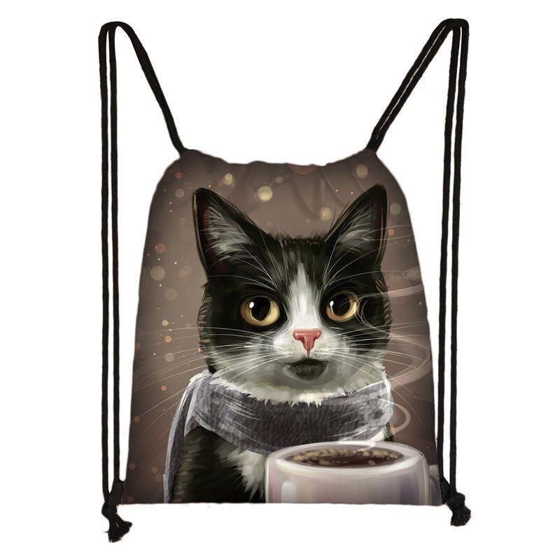 Black Cat Drawstring Bag Women Shopping Purse Canvas Travelling Bag Backpack 1PC