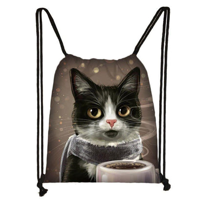 Black Cat Drawstring Bag Women Shopping Purse Canvas Travelling Bag Backpack 1PC