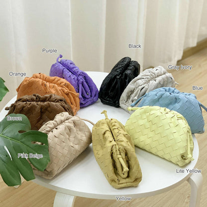Woven Ruched Microfiber Leather Mini Pouch Clutch Bag Crossbody Shoulder Purse