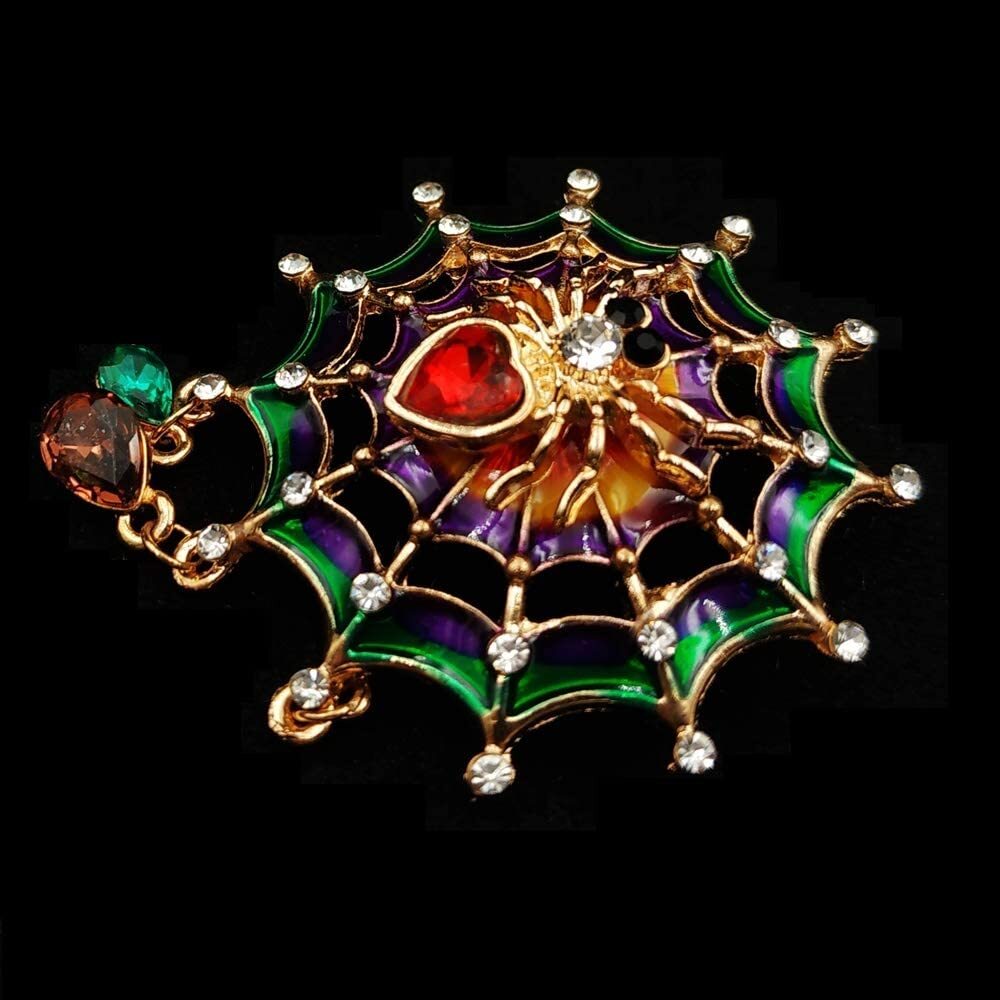 1.57" Colorful Enameled Web Red Heart Spider Brooch Pin Teardrop Short Tassel