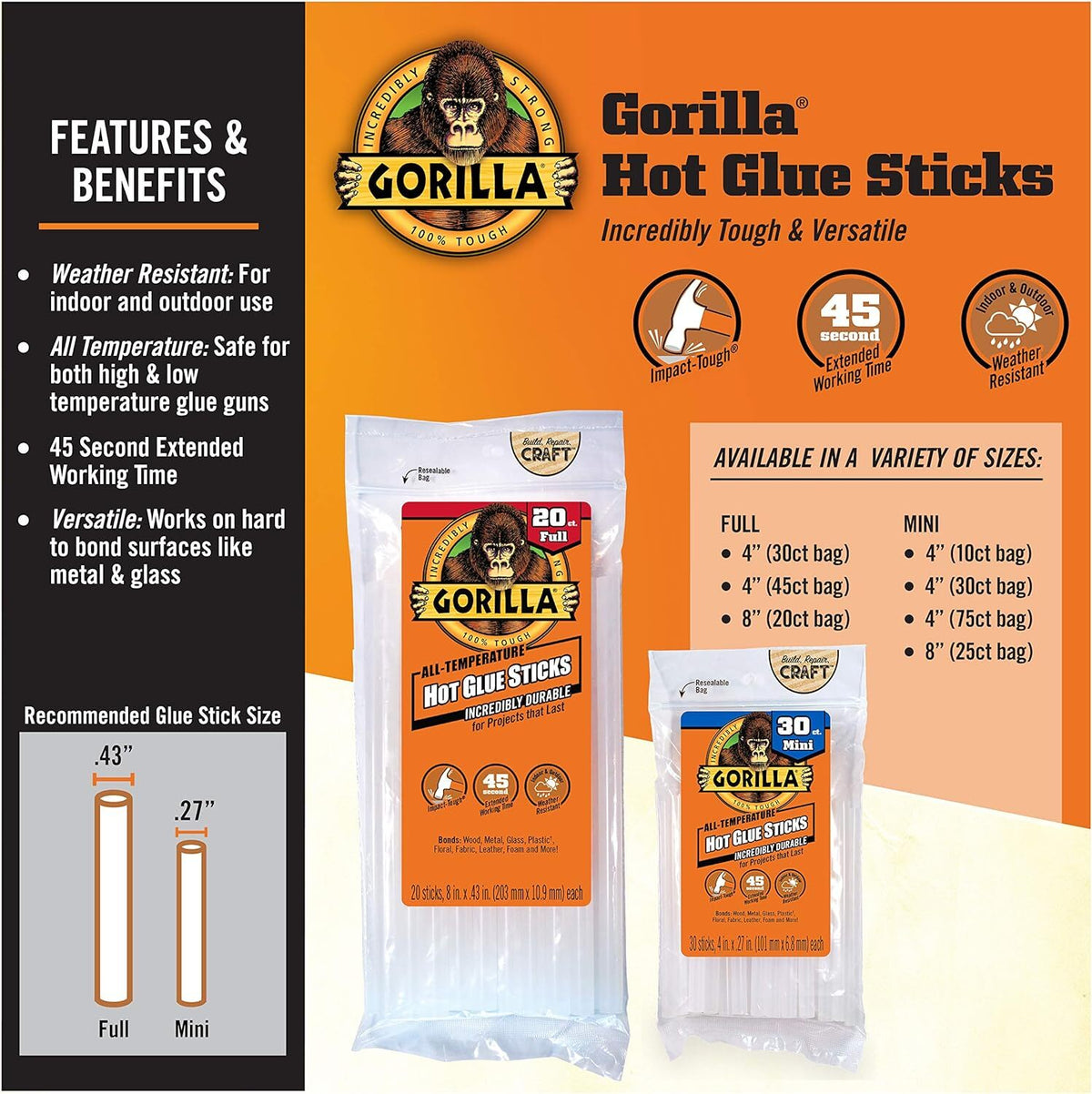 Gorilla 360 Count Mini Hot Glue Sticks (4"Lx 0.27"Dia),45 sec extended Work Time