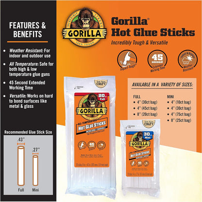 Gorilla 360 Count Mini Hot Glue Sticks (4"Lx 0.27"Dia),45 sec extended Work Time