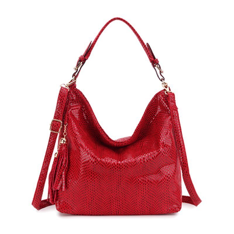 Snake Pattern Shoulder Bag Serpentine Hobo Bag Tassel Handbag Purse Big Red Tote