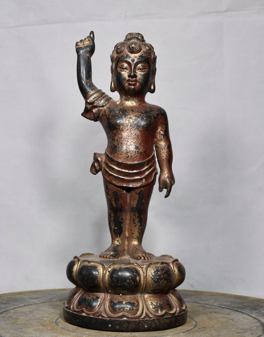 11" Old Antique Tibet Tibetan Buddhism Temple Bronze Gilt Prince Buddha Statue