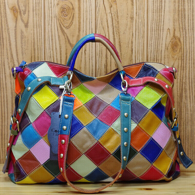 Genuine Cowhide Leather Colorful Blocks Patchwork Handbag Women's Tote Crossbody
