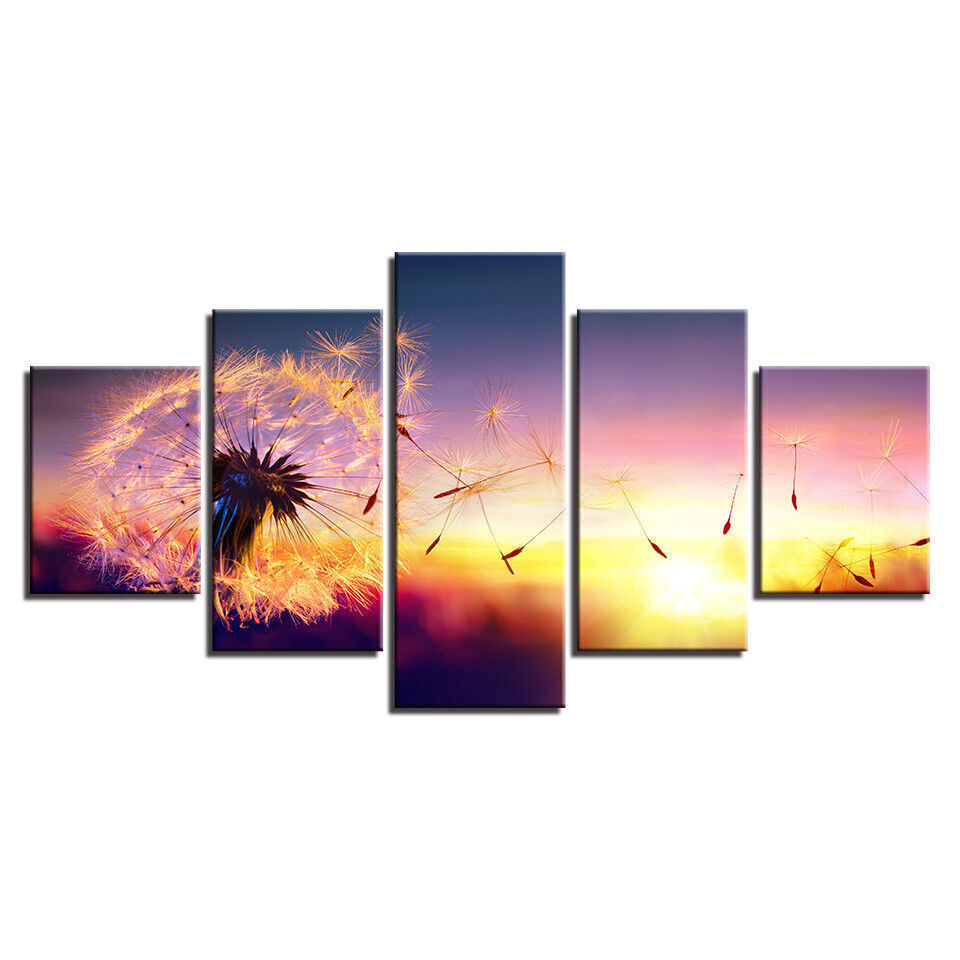 Dandelion Flower Sunset Meadow Landscape Painting 5 Panel Canvas Print Wall Art