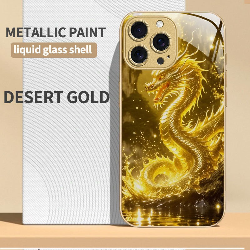 For iPhone 17 Pro Max/16/15 Plus/14 Metal Glass Painted Dragon Shockproof Case