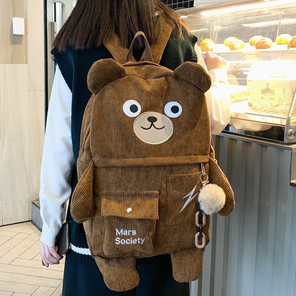 Corduroy Bear Backpacks Women Multi-pockets School Bags Backpack School Bag
