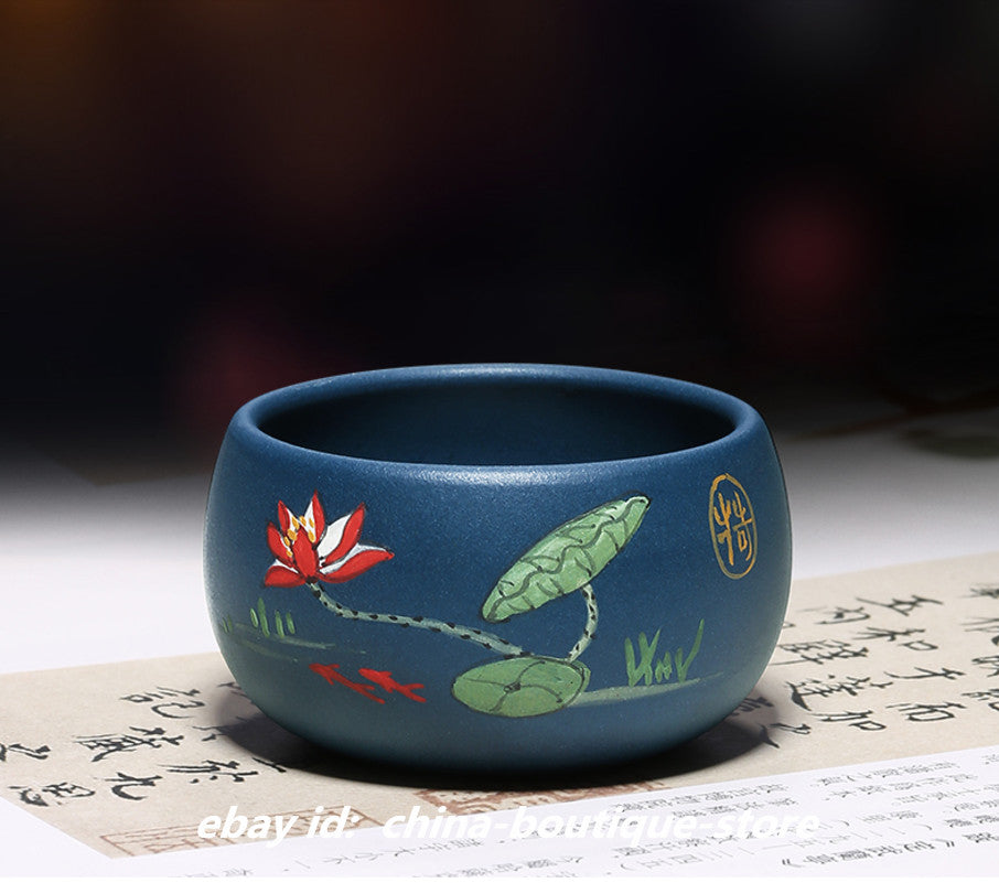 China Yixing Zisha Pottery Hand Drawing Lotus Flower GongFu Teacup Cup Blow
