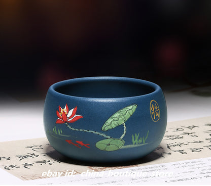 China Yixing Zisha Pottery Hand Drawing Lotus Flower GongFu Teacup Cup Blow