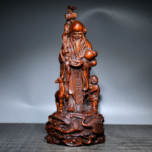 Vintage Wooden Carving God Of Longevity Figure Statues Home Decor Wood Sculpture