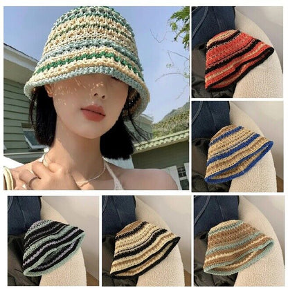 Women Bucket Hats Color Woven Summer Japanese Show Face Beach Sun Caps Sunshades
