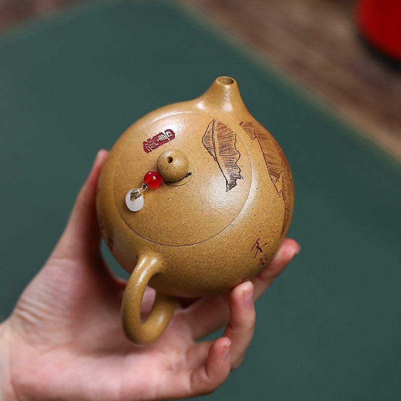 Hand Carved Xishi Pot Real Yixing Zisha Duan Clay Teapot Ball Shape Infuser Hole