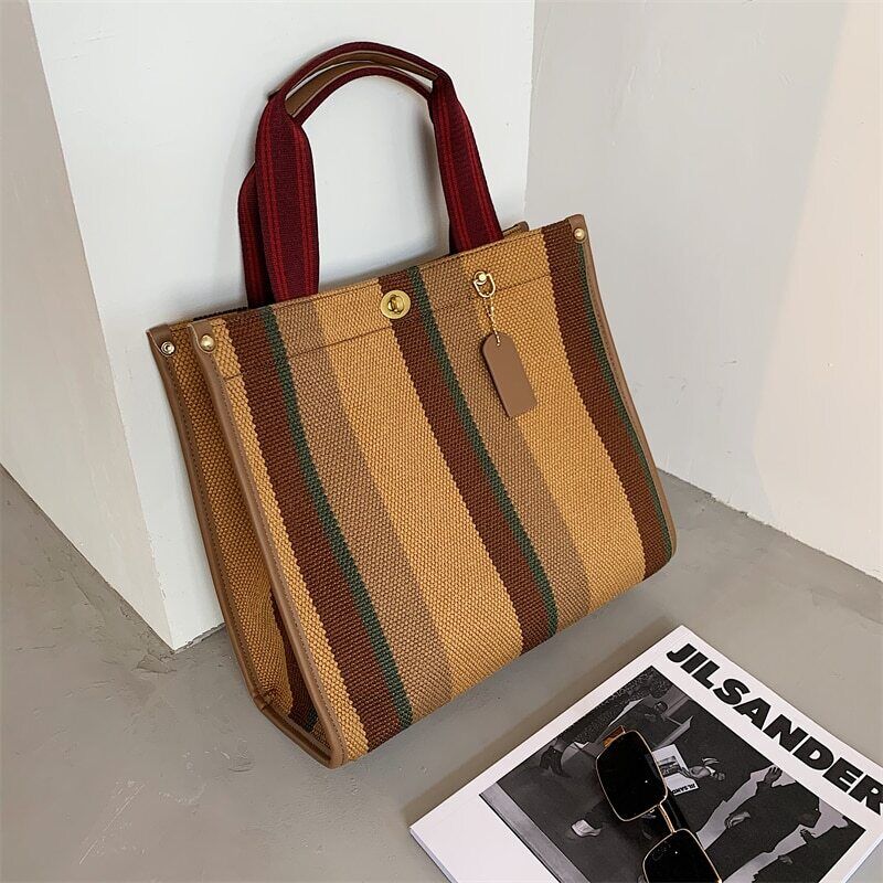 Canvas Tote Bag Women Handbag Stripe Shoulder Bags Big Shopper Totes