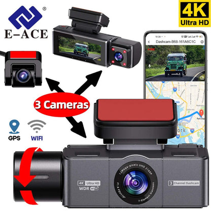 4K 3 Channel Dashcam WiFi GPS Night Vision Car DVR