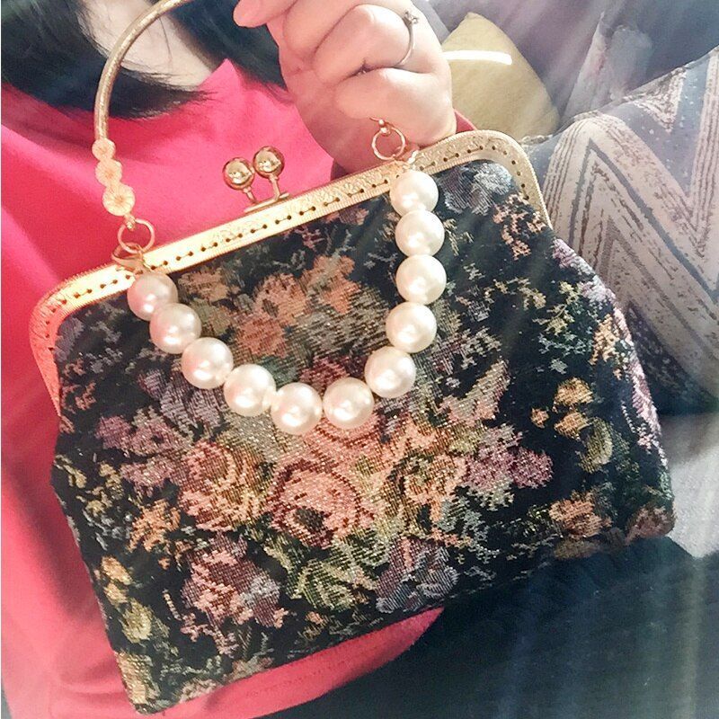 Vintage Embroidery Bag Handbag Flowers Purse Pearl Chain Crossbody Shoulder Bag