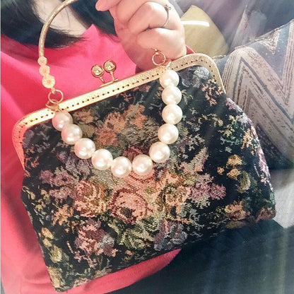 Vintage Embroidery Bag Handbag Flowers Purse Pearl Chain Crossbody Shoulder Bag