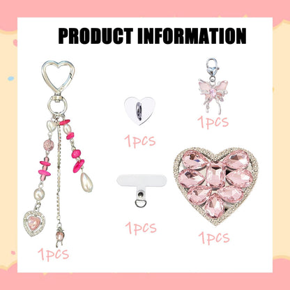 Cute Charms Set for Kindle,Including Y2K Style Heart Grip Holder, Pink Heart Cha
