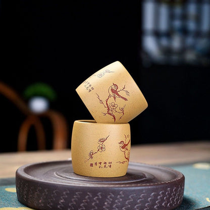 100ml Yixing Purple Clay Handcarved Flowers Bird Tea Tasting Cup Kung Fu Teaware
