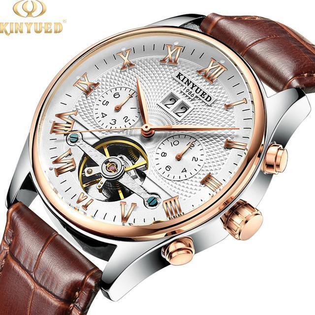 Mens Automatic Mechanical Watch Date Day Rose Gold Black Dial Brown Leather Best