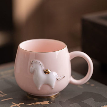 Ceramic Tea Cup Horse Relief China Master Mug With Handle Porcelain Coffee Cup