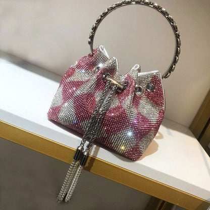 Tassel Evening Clutch Bag Women Crystal Bucket Purse Bridal Wedding Party