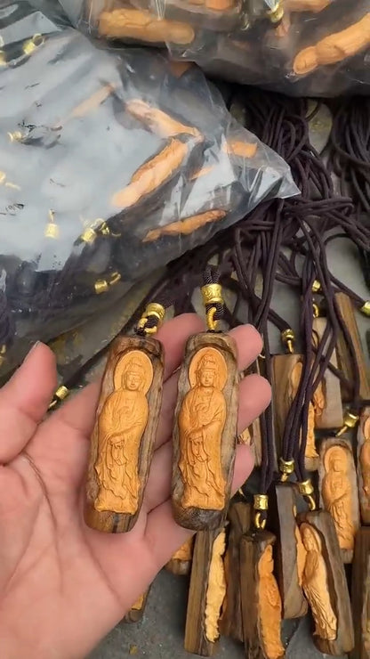 Grade A Natural Wood Carving Guanyin Rulaifo Buddha Couple 2pcs Blessing Pendant