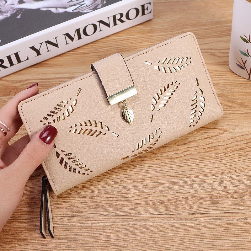 Fashion Hollow Leaf Wallet Casual Leather Pouch Zipper Card Bag Clutch Polyester