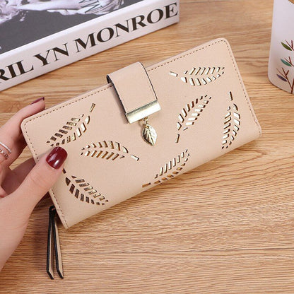 Fashion Hollow Leaf Wallet Casual Leather Pouch Zipper Card Bag Clutch Polyester