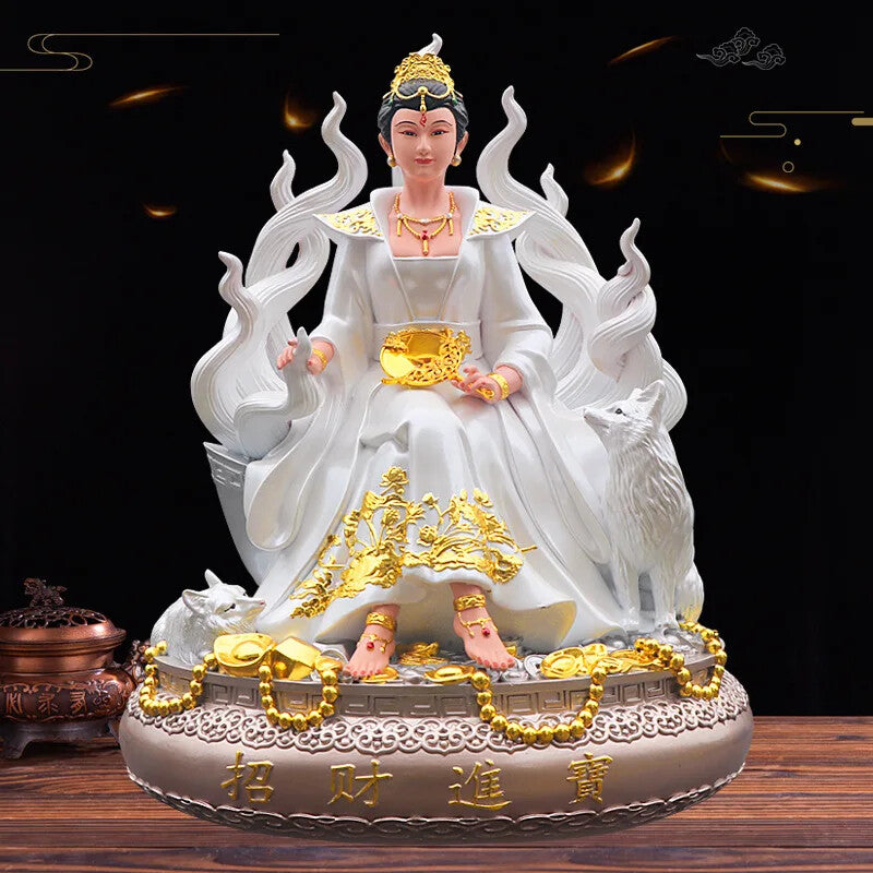 Resin Nine Tailed Fox Fairy Buddha Statues FengShui Accessories Home Decoration