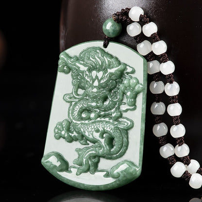 Certificate Natural Green Jade Jadeite Imperial Dragon Men Gift Beads Neckalce