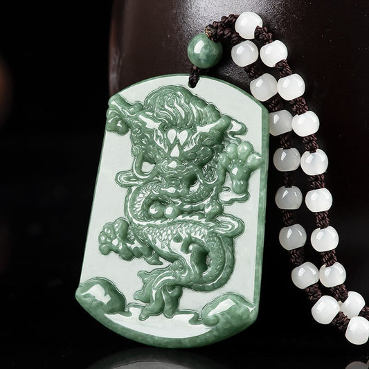 Certificate Natural Green Jade Jadeite Imperial Dragon Men Gift Beads Neckalce
