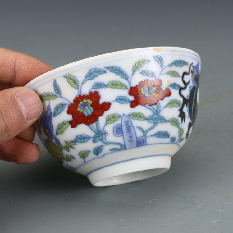 3.5" China Ming Doucai Porcelain Pottery Handmade Animal Kylin Cup Bowl