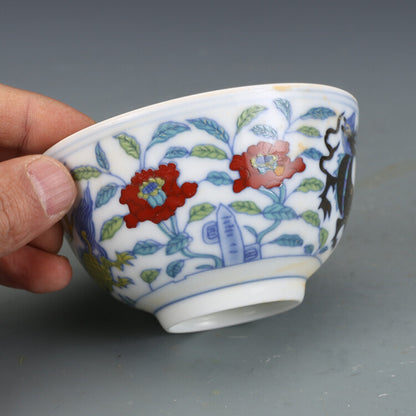 3.5" China Ming Doucai Porcelain Pottery Handmade Animal Kylin Cup Bowl