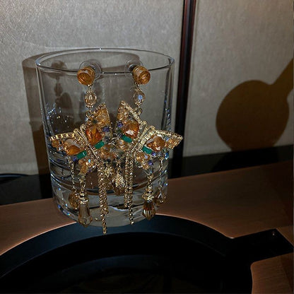 Champagne Crystal Butterfly Tassel Earrings Gold Rhinestone Dangle