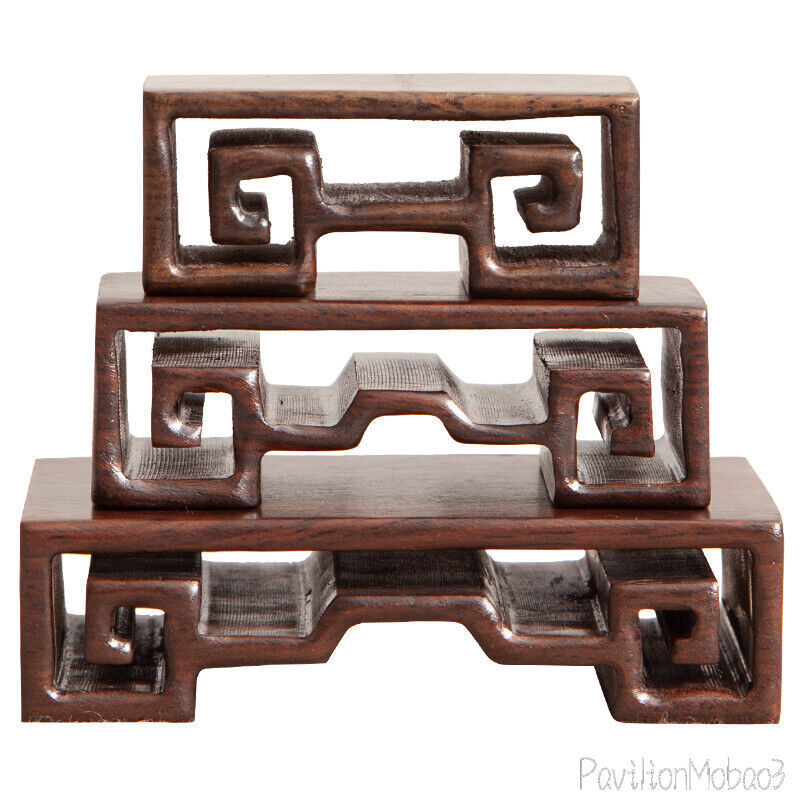 3 PC Ebony Wood Carved Rack Bonsai Pot Statue Vase Craft Display Stand Miniature